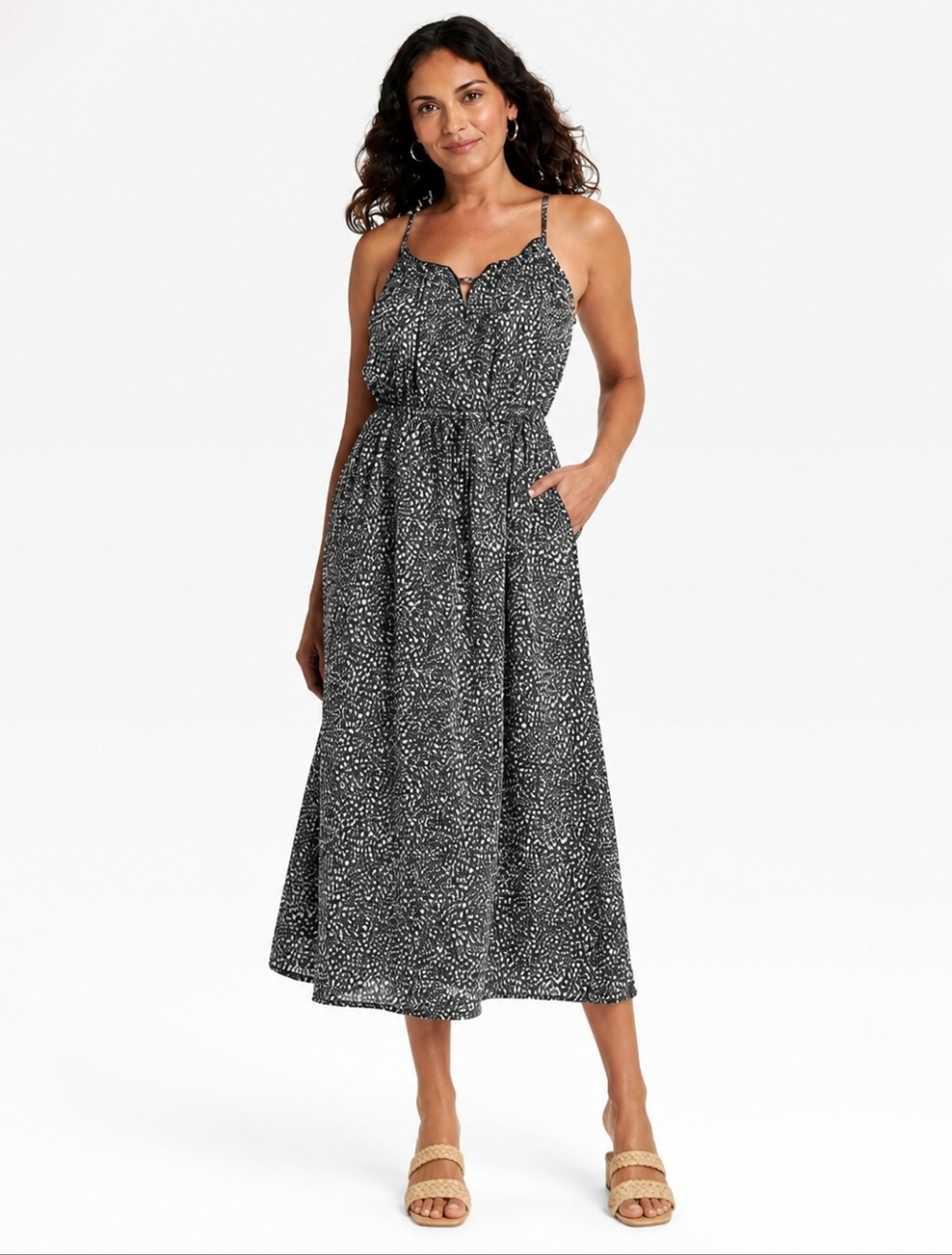 NWT Universal Thread Black and White Spotted Maxi Dress, Smocked Back, Small